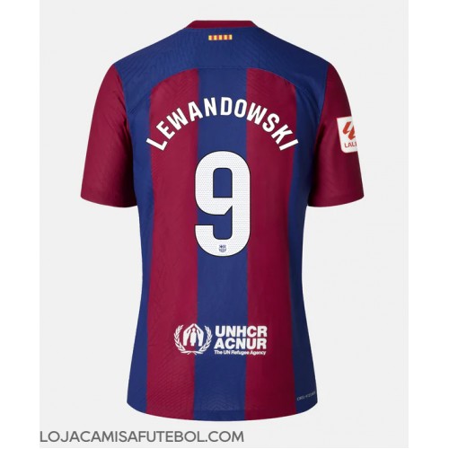 Camisa de Futebol Barcelona Robert Lewandowski #9 Equipamento Principal Mulheres 2023-24 Manga Curta